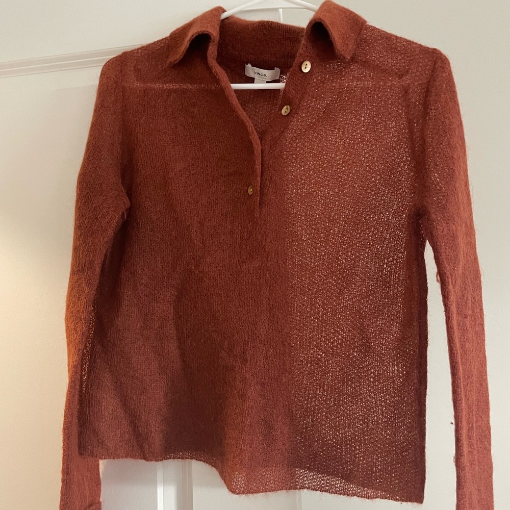 Vince sheer collared sweater. Orange/ red rust color. Size M. Like new